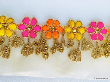 Gold Sheer Tissue Fabric Trim With Embroidered Pink, Yellow, Orange & Gold Flowers